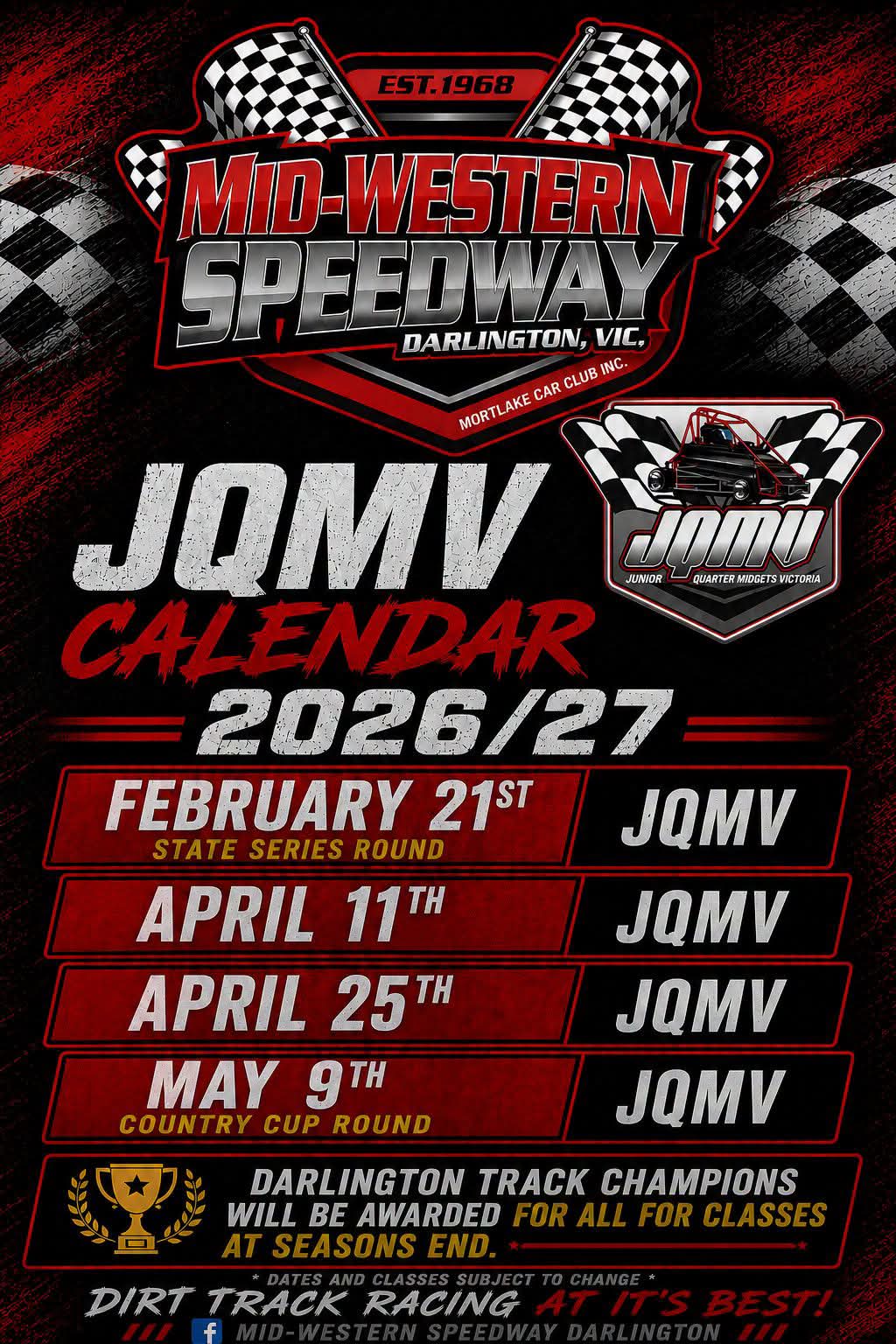 JQMV Junior Quarter Midgets 2026/27 calendar poster